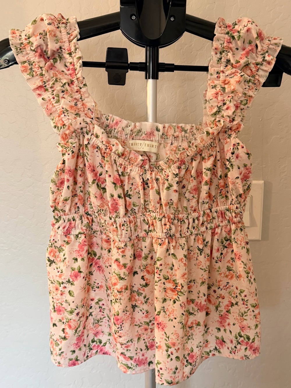 Thirty*Thirty Pink Floral Smocked Ruffle-Strap Tank